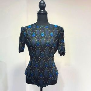 Vintag Laurence Kazar S Silk Beaded Sequin Jewel Tones Blouse Holiday Christmas